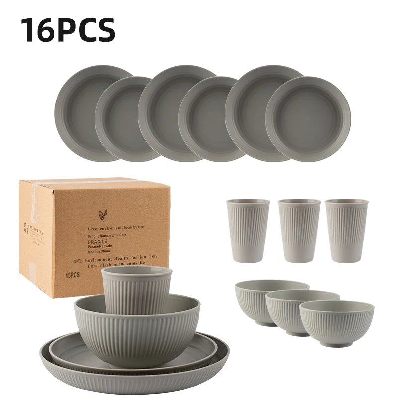 Camping Cooking And Eating Set - 16Pcs Wheat Straw Tablewar Sets Bowl